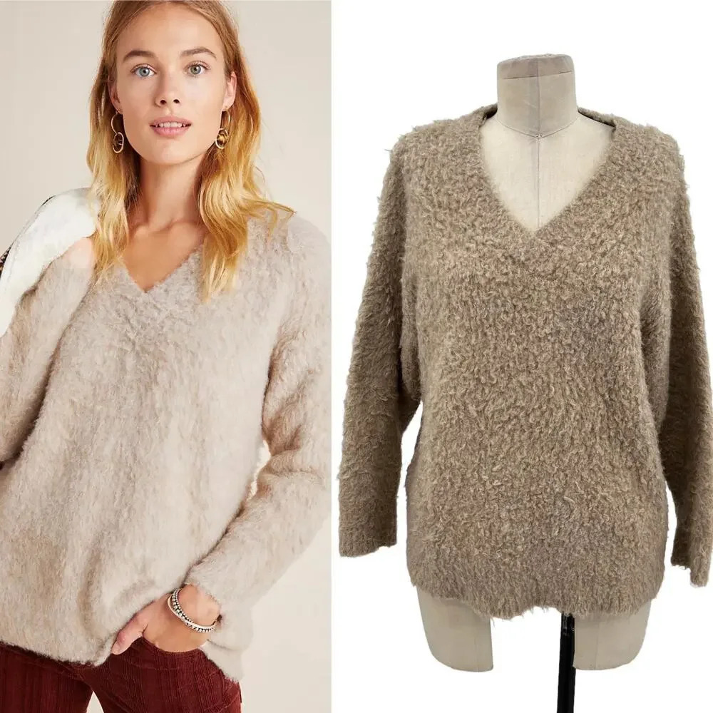 Anthropologie Simone Sweater Fuzzy Fluffy Teddy V-neckline Beige Tan Size XS
